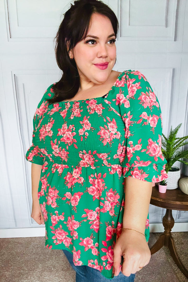 Sumptuous In Smocked Green &amp; Coral Flower Print Babydoll Tops | Nikki &amp; Co. Boutique