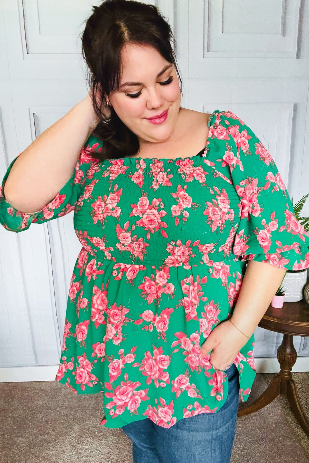 Sumptuous In Smocked Green &amp; Coral Flower Print Babydoll Tops | Nikki &amp; Co. Boutique