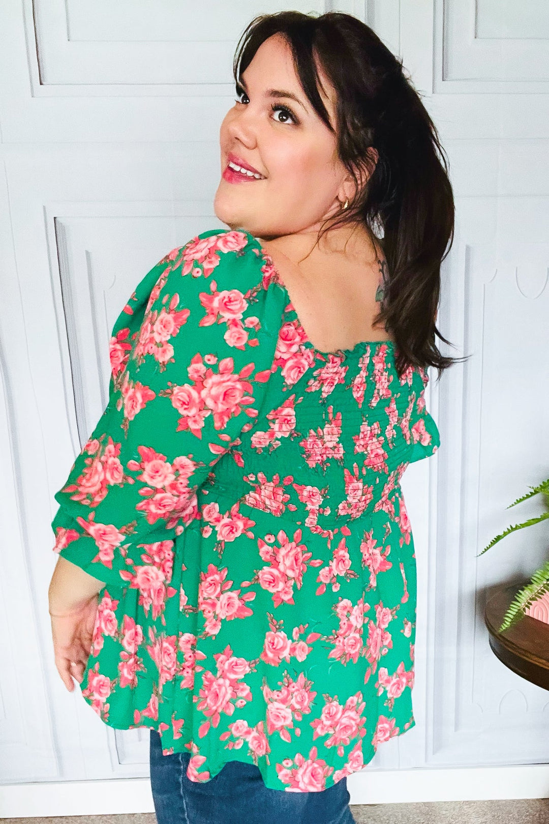 Sumptuous In Smocked Green &amp; Coral Flower Print Babydoll Tops | Nikki &amp; Co. Boutique