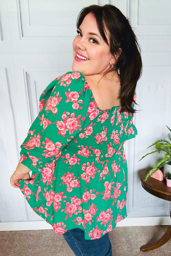 Sumptuous In Smocked Green &amp; Coral Flower Print Babydoll Tops | Nikki &amp; Co. Boutique