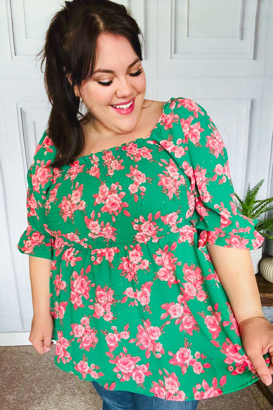 Sumptuous In Smocked Green &amp; Coral Flower Print Babydoll Tops | Nikki &amp; Co. Boutique