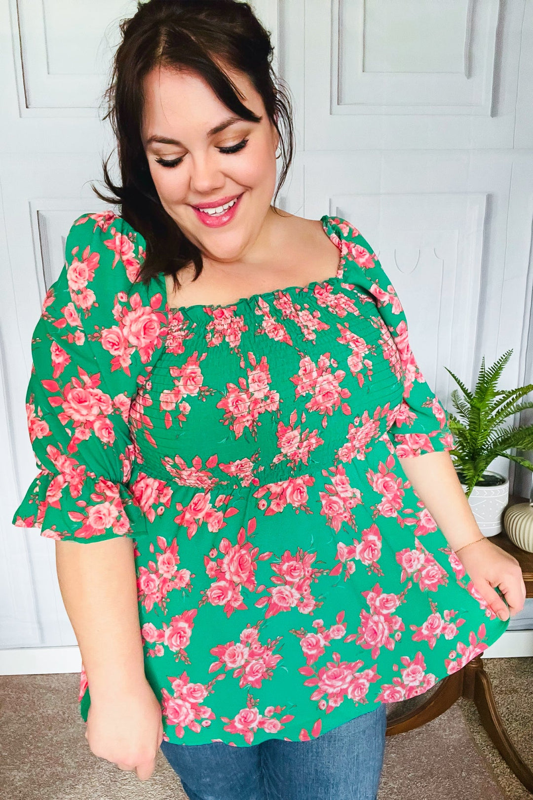 Sumptuous In Smocked Green &amp; Coral Flower Print Babydoll Tops | Nikki &amp; Co. Boutique