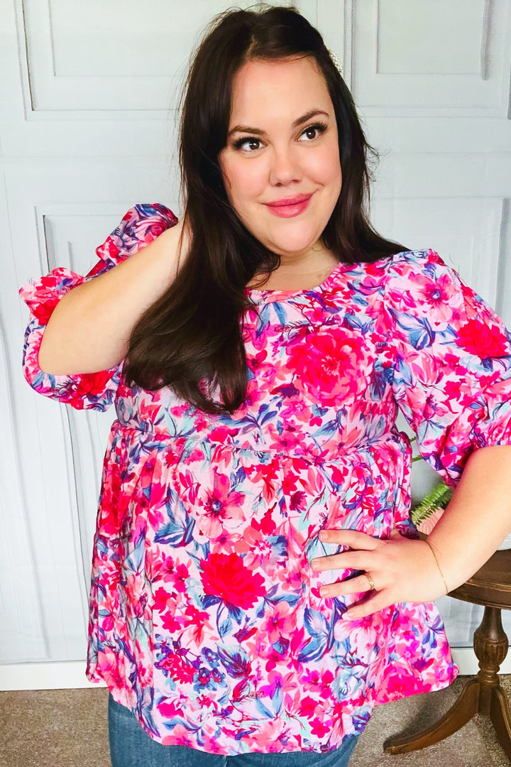 Feeling Femmi Pink &amp; Fuchsia Floral Peplum Woven Tops | Nikki &amp; Co. Boutique