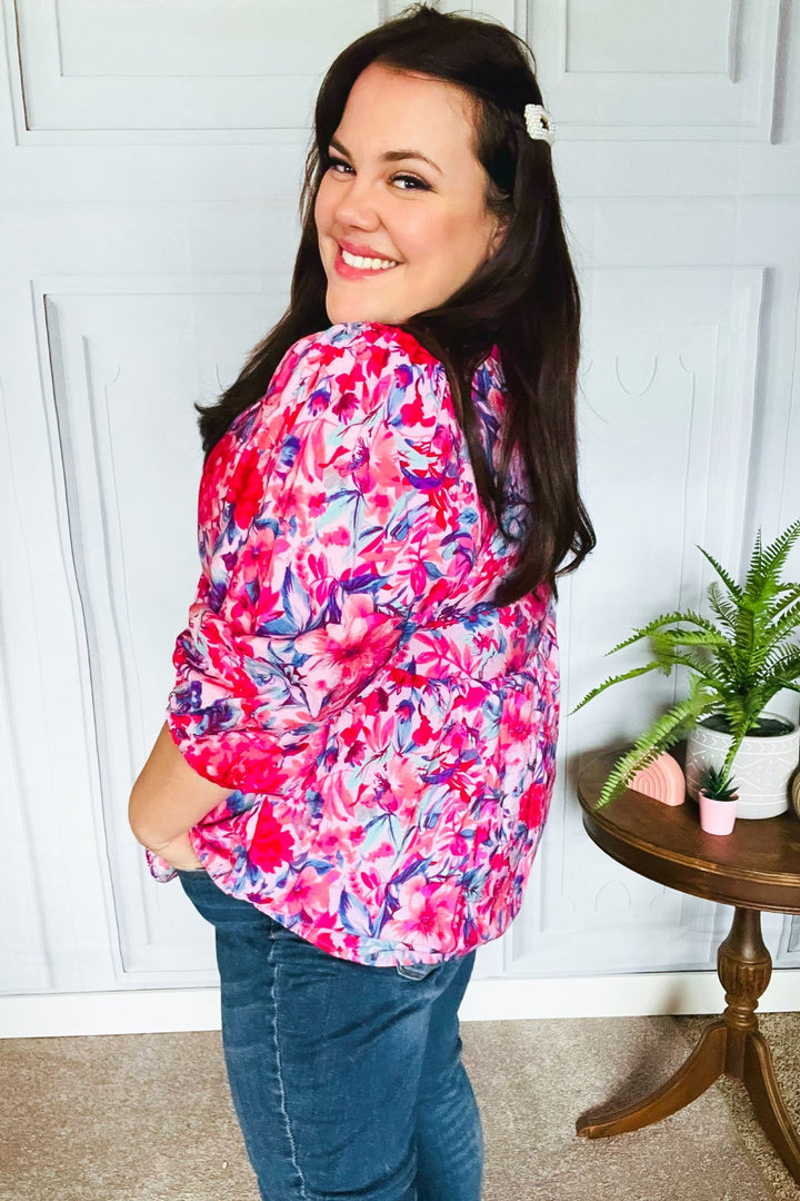 Feeling Femmi Pink &amp; Fuchsia Floral Peplum Woven Tops | Nikki &amp; Co. Boutique