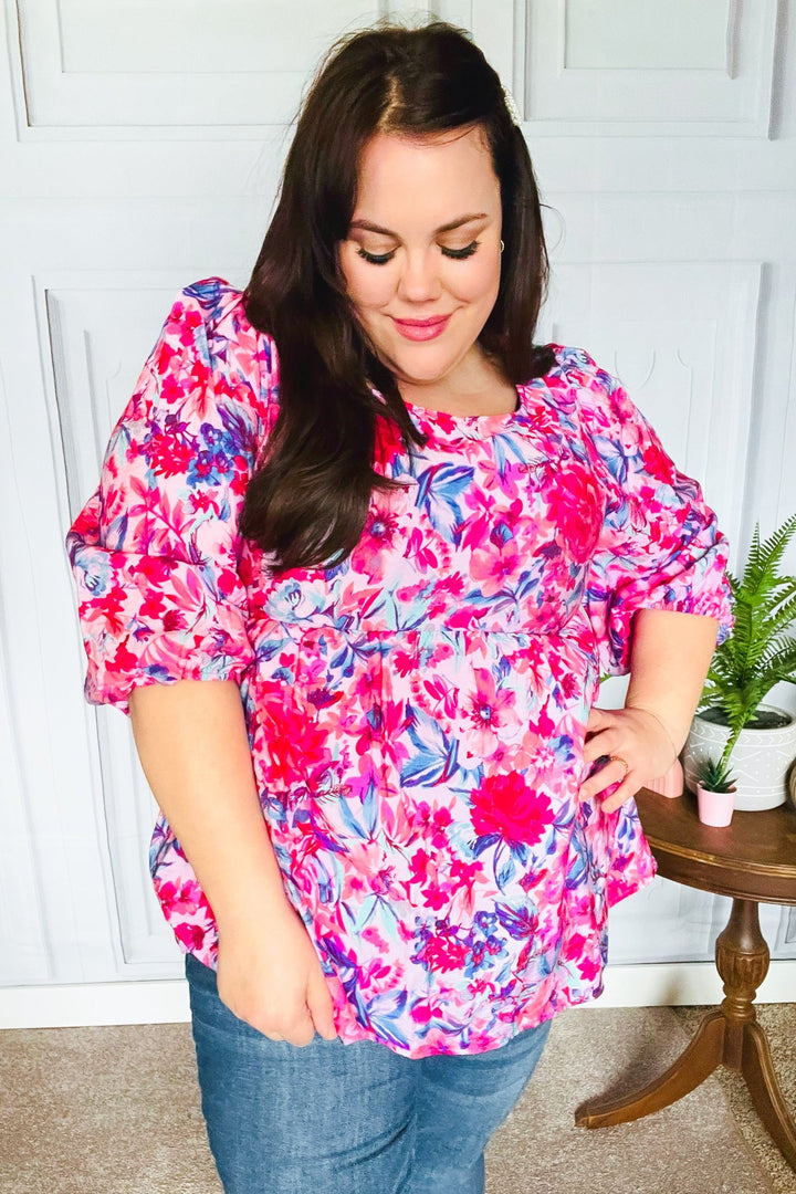 Feeling Femmi Pink &amp; Fuchsia Floral Peplum Woven Tops | Nikki &amp; Co. Boutique