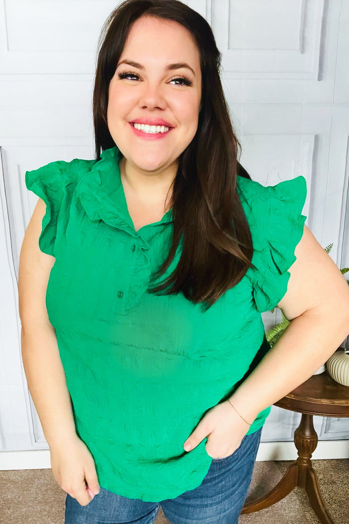 Glamorous In Kelly Green Textured Ruffle Mock Neck Tops | Nikki &amp; Co. Boutique