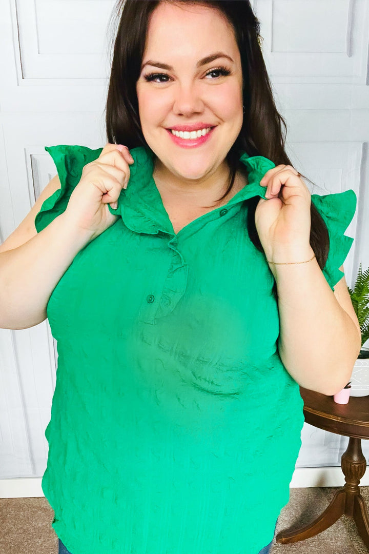 Glamorous In Kelly Green Textured Ruffle Mock Neck Tops | Nikki &amp; Co. Boutique