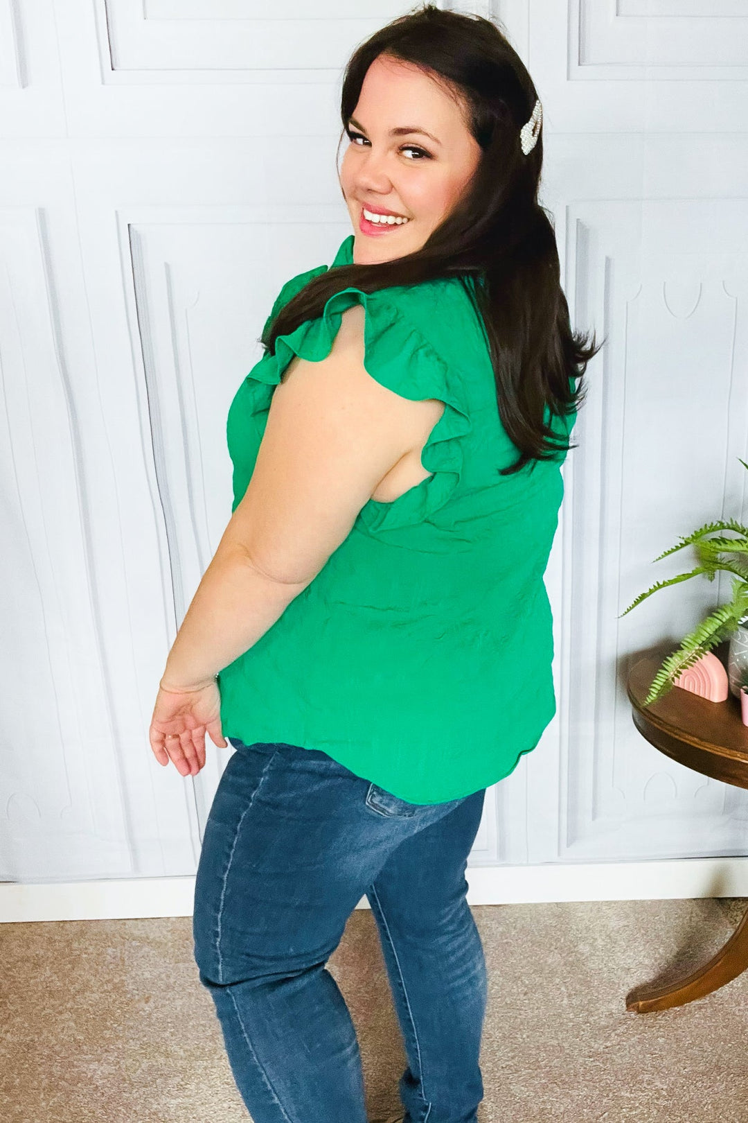 Glamorous In Kelly Green Textured Ruffle Mock Neck Tops | Nikki &amp; Co. Boutique