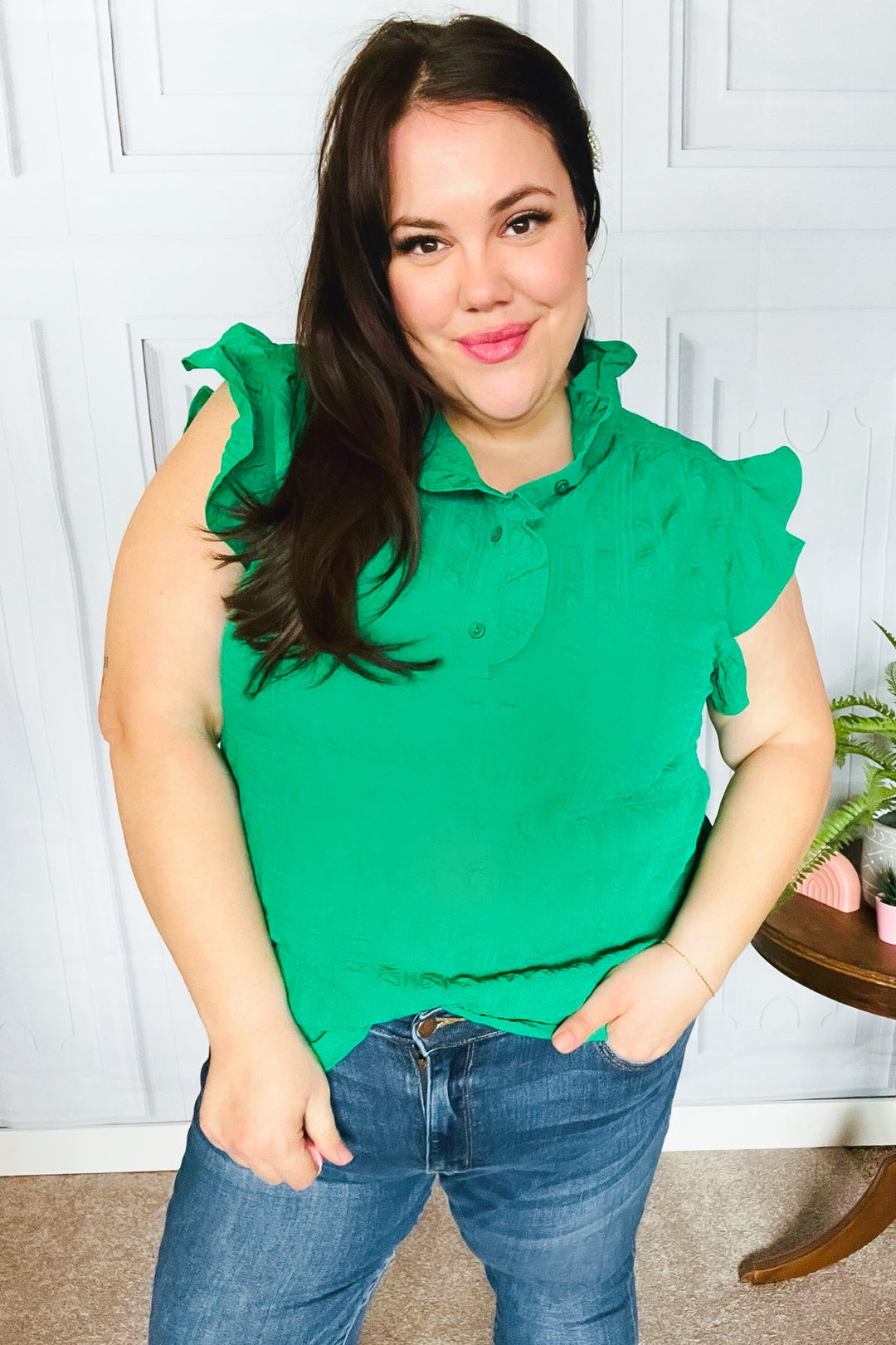 Glamorous In Kelly Green Textured Ruffle Mock Neck Tops | Nikki &amp; Co. Boutique