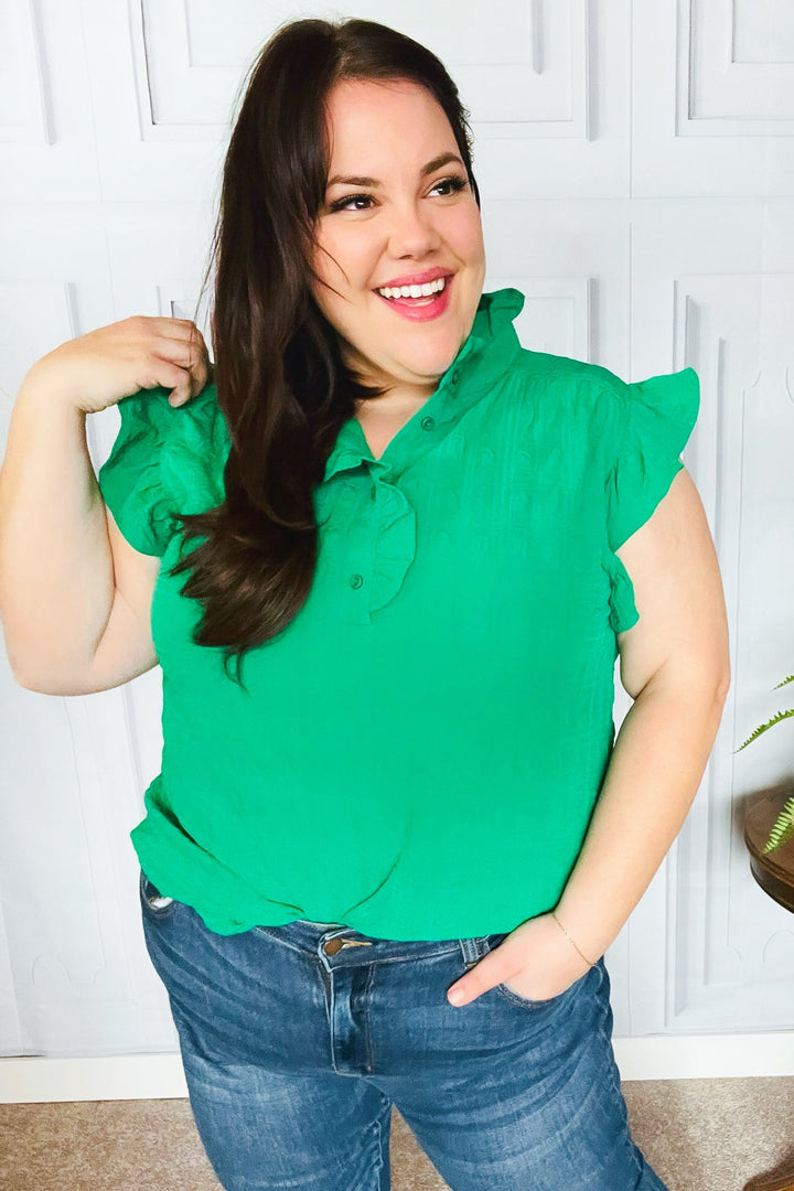 Glamorous In Kelly Green Textured Ruffle Mock Neck Tops | Nikki &amp; Co. Boutique