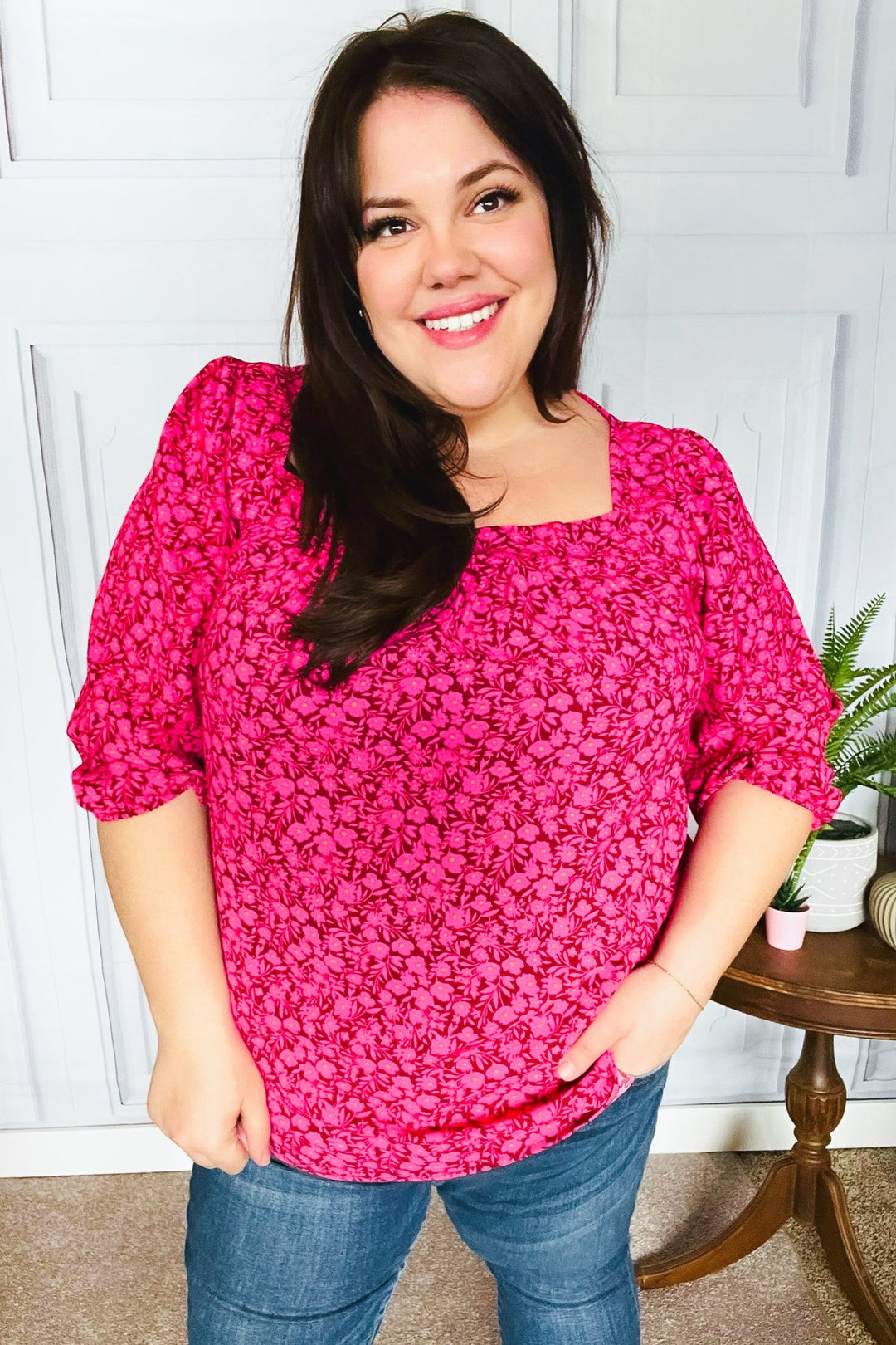 Perfectly You Fuchsia Floral Three Quarter Sleeve Square Neck Tops | Nikki &amp; Co. Boutique