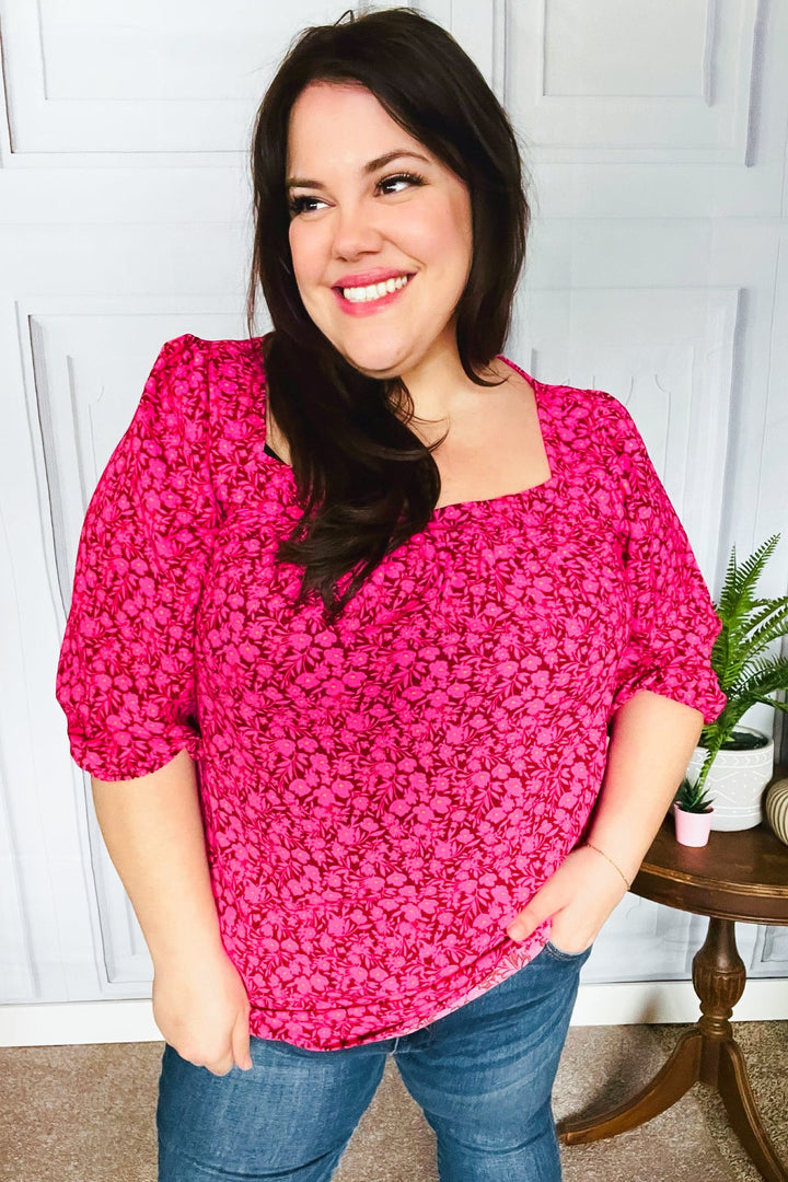 Perfectly You Fuchsia Floral Three Quarter Sleeve Square Neck Tops | Nikki &amp; Co. Boutique