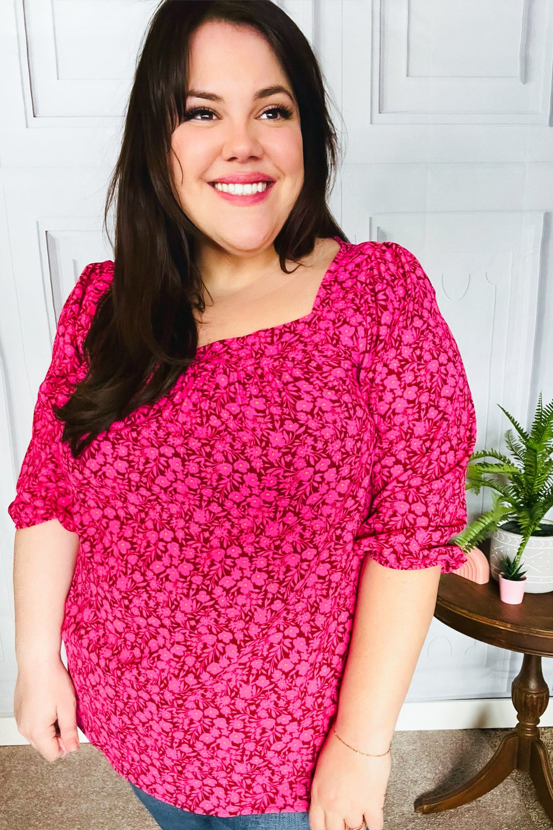 Perfectly You Fuchsia Floral Three Quarter Sleeve Square Neck Tops | Nikki &amp; Co. Boutique