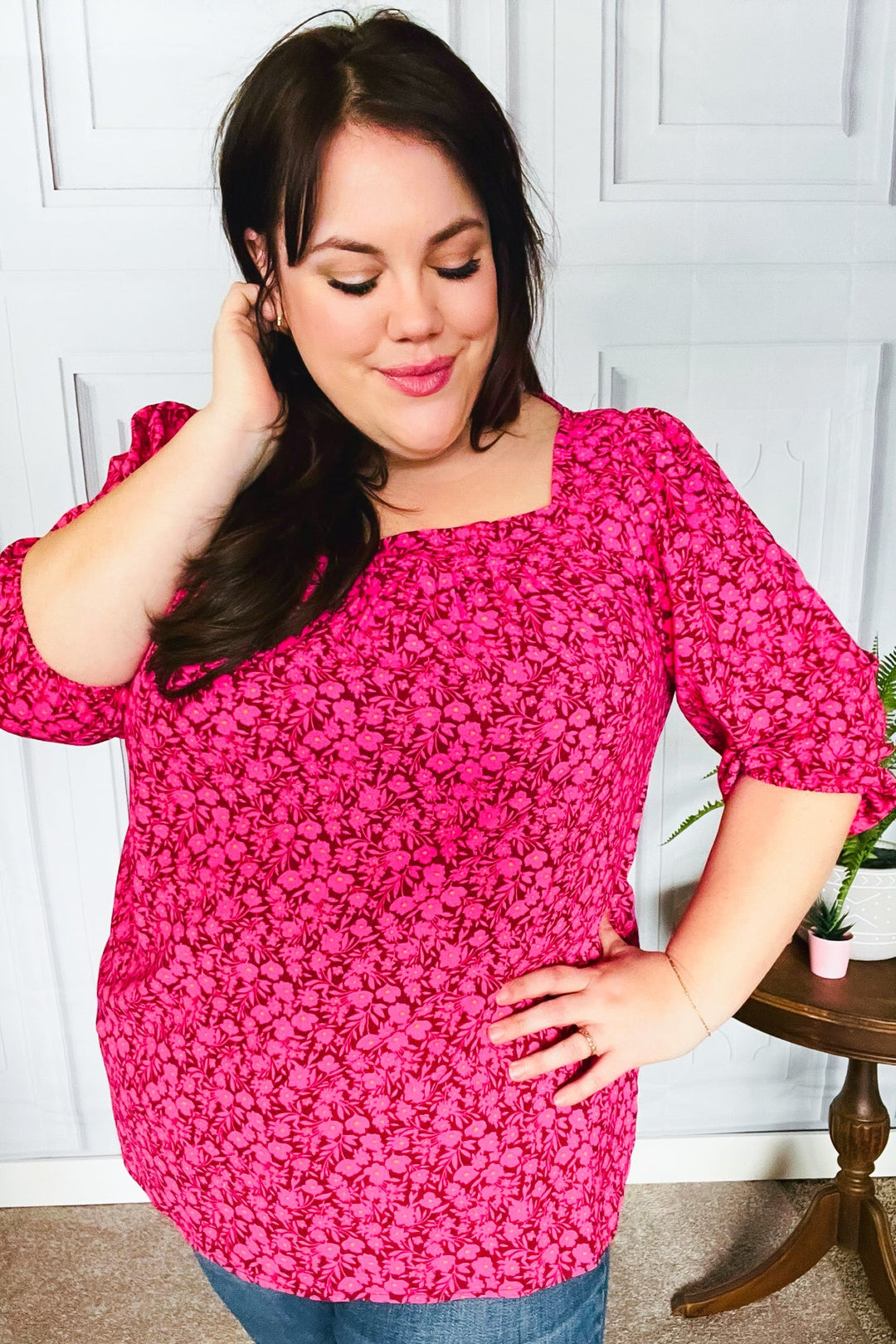 Perfectly You Fuchsia Floral Three Quarter Sleeve Square Neck Tops | Nikki &amp; Co. Boutique