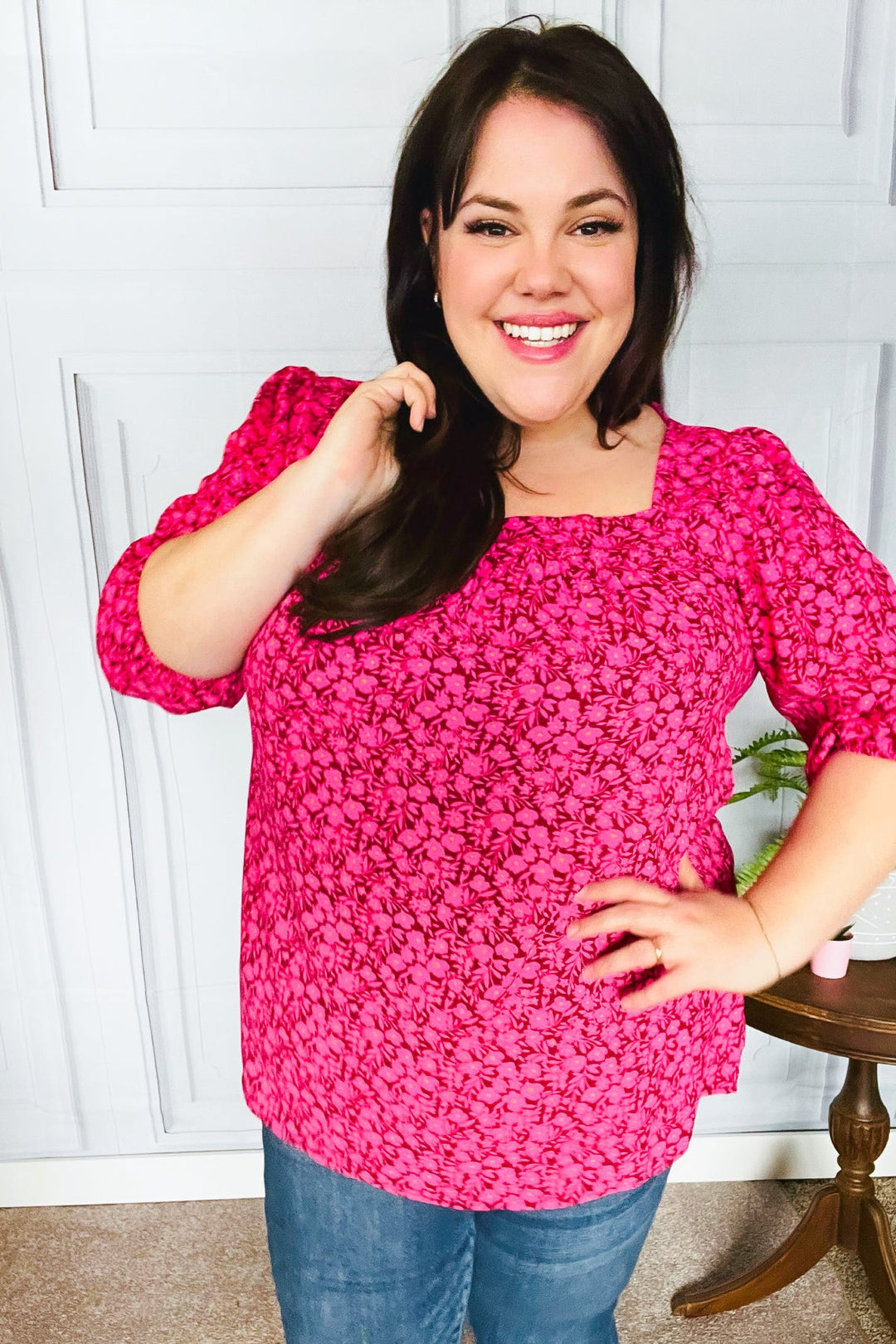 Perfectly You Fuchsia Floral Three Quarter Sleeve Square Neck Tops | Nikki &amp; Co. Boutique