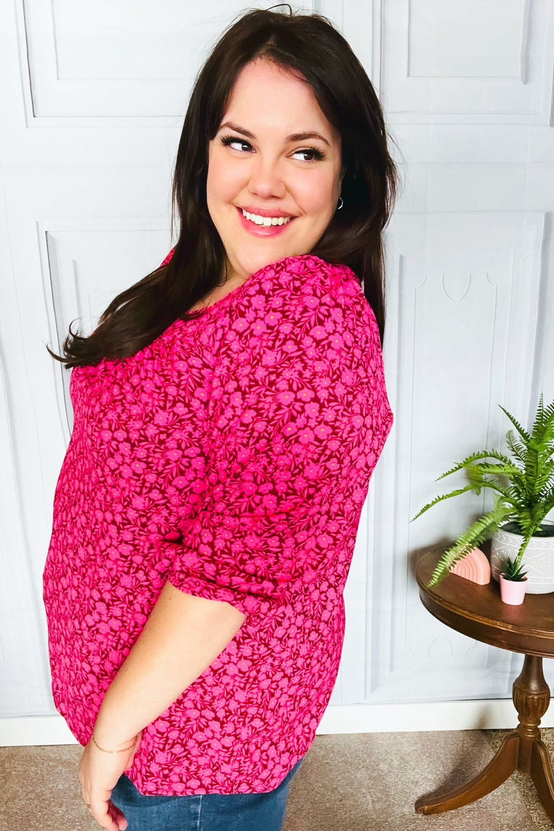 Perfectly You Fuchsia Floral Three Quarter Sleeve Square Neck Tops | Nikki &amp; Co. Boutique