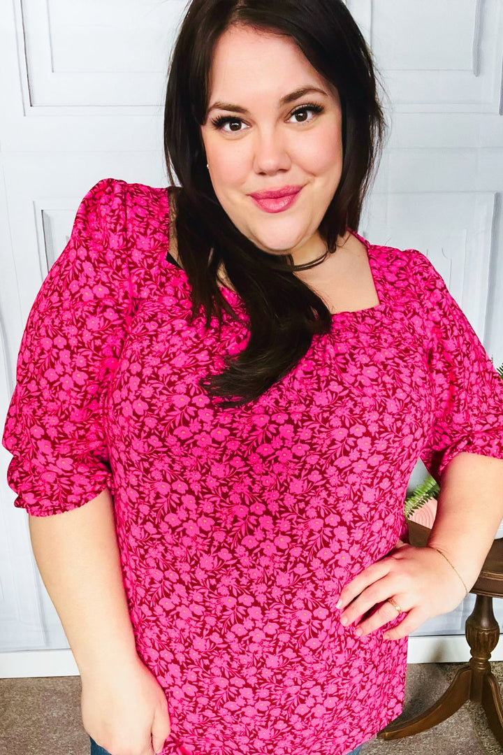 Perfectly You Fuchsia Floral Three Quarter Sleeve Square Neck Tops | Nikki &amp; Co. Boutique