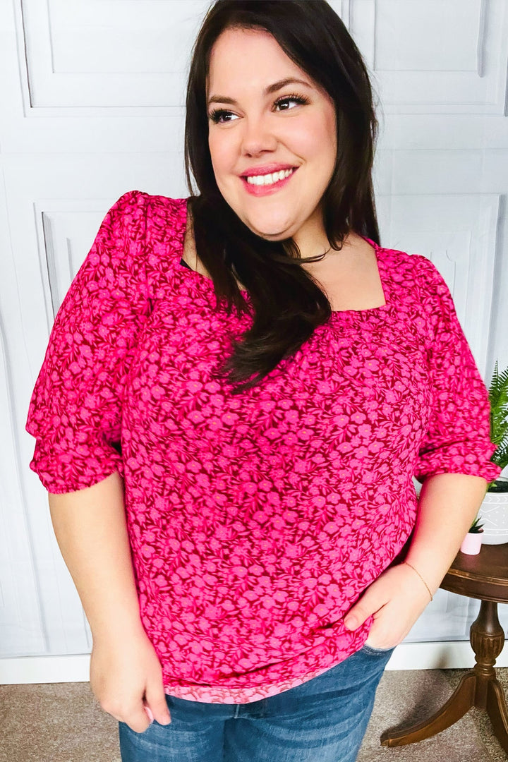 Perfectly You Fuchsia Floral Three Quarter Sleeve Square Neck Tops | Nikki &amp; Co. Boutique
