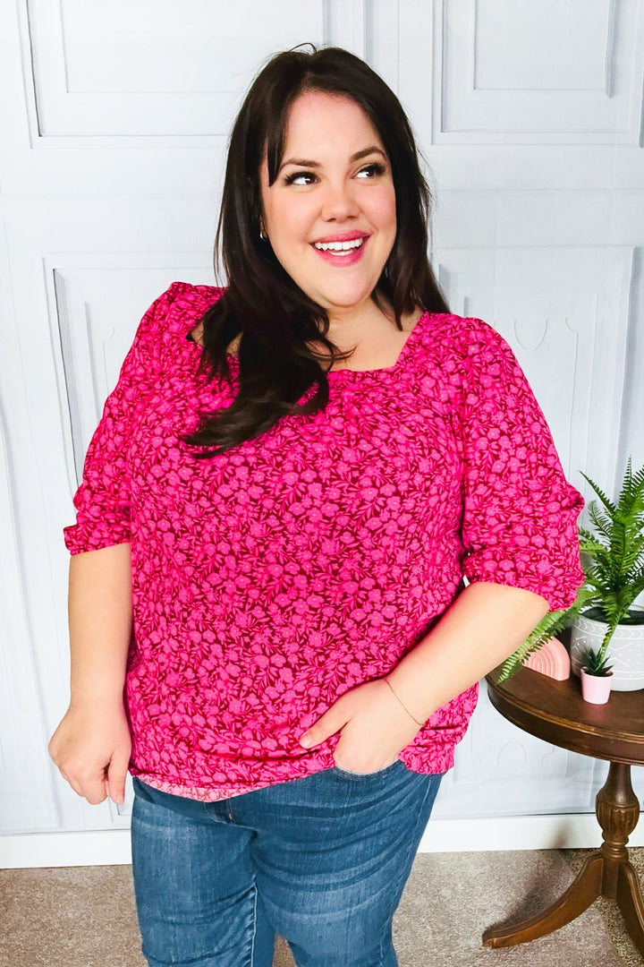 Perfectly You Fuchsia Floral Three Quarter Sleeve Square Neck Tops | Nikki &amp; Co. Boutique