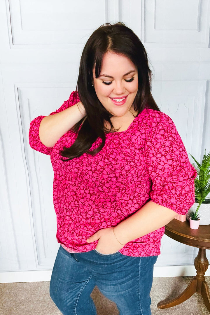 Perfectly You Fuchsia Floral Three Quarter Sleeve Square Neck Tops | Nikki &amp; Co. Boutique