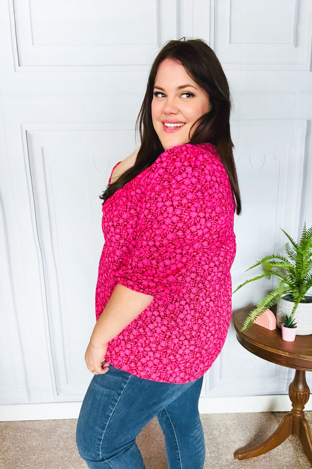 Perfectly You Fuchsia Floral Three Quarter Sleeve Square Neck Tops | Nikki &amp; Co. Boutique