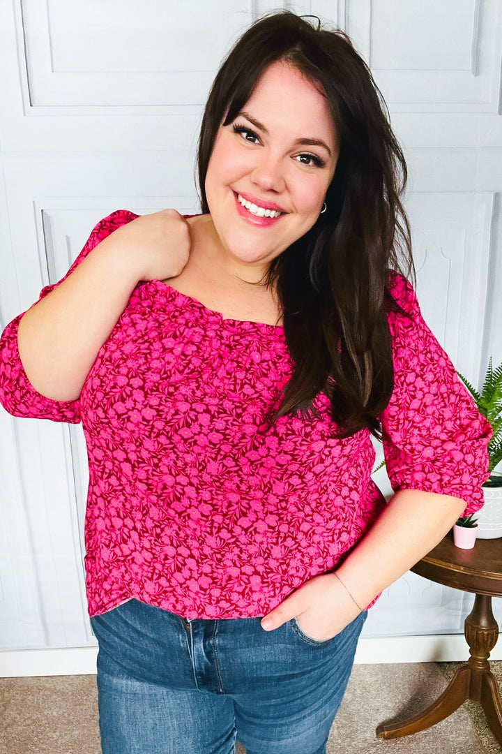 Perfectly You Fuchsia Floral Three Quarter Sleeve Square Neck Tops | Nikki &amp; Co. Boutique