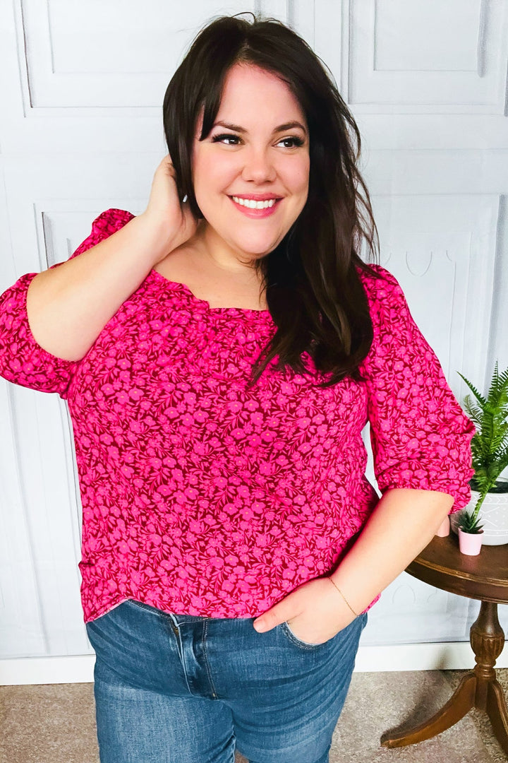 Perfectly You Fuchsia Floral Three Quarter Sleeve Square Neck Tops | Nikki &amp; Co. Boutique