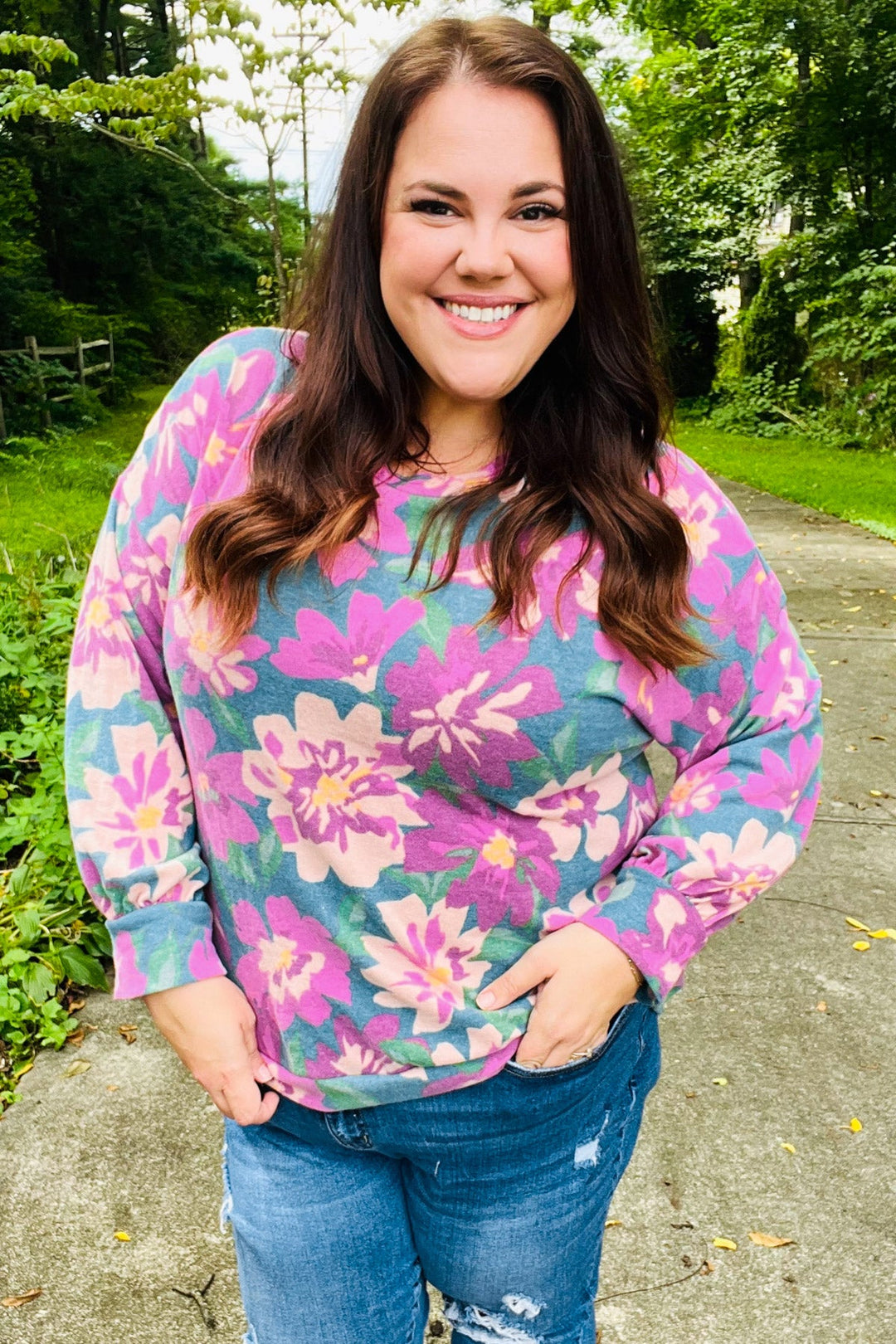 Feeling Femme Teal Floral Brushed Hacci Sweater Top | Nikki &amp; Co. Boutique