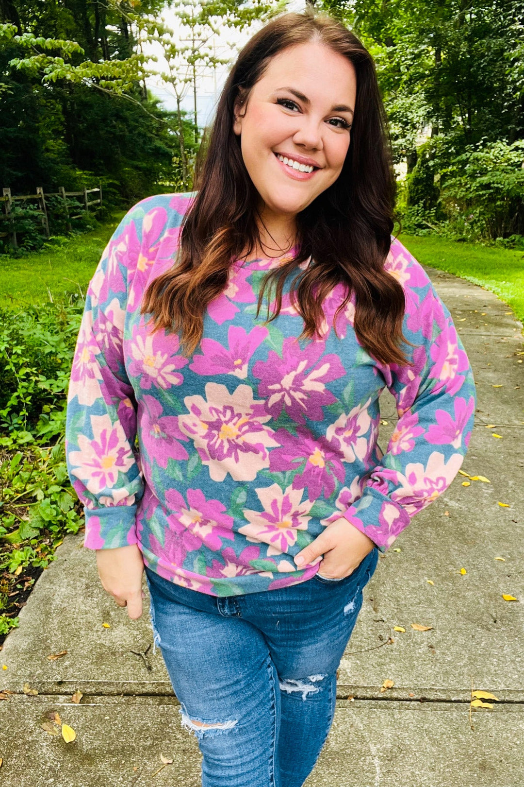 Feeling Femme Teal Floral Brushed Hacci Sweater Top | Nikki &amp; Co. Boutique