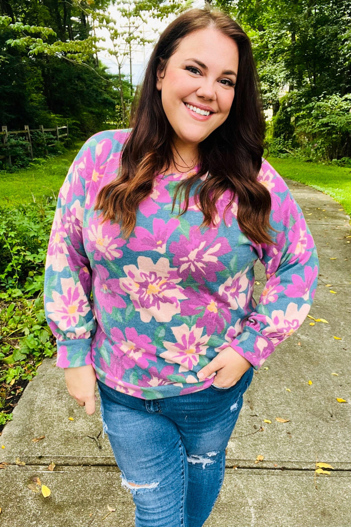 Feeling Femme Teal Floral Brushed Hacci Sweater Top | Nikki &amp; Co. Boutique
