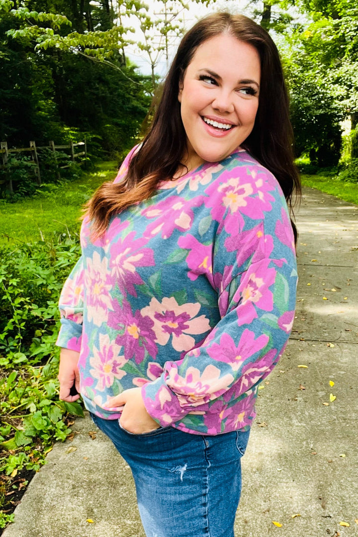 Feeling Femme Teal Floral Brushed Hacci Sweater Top | Nikki &amp; Co. Boutique