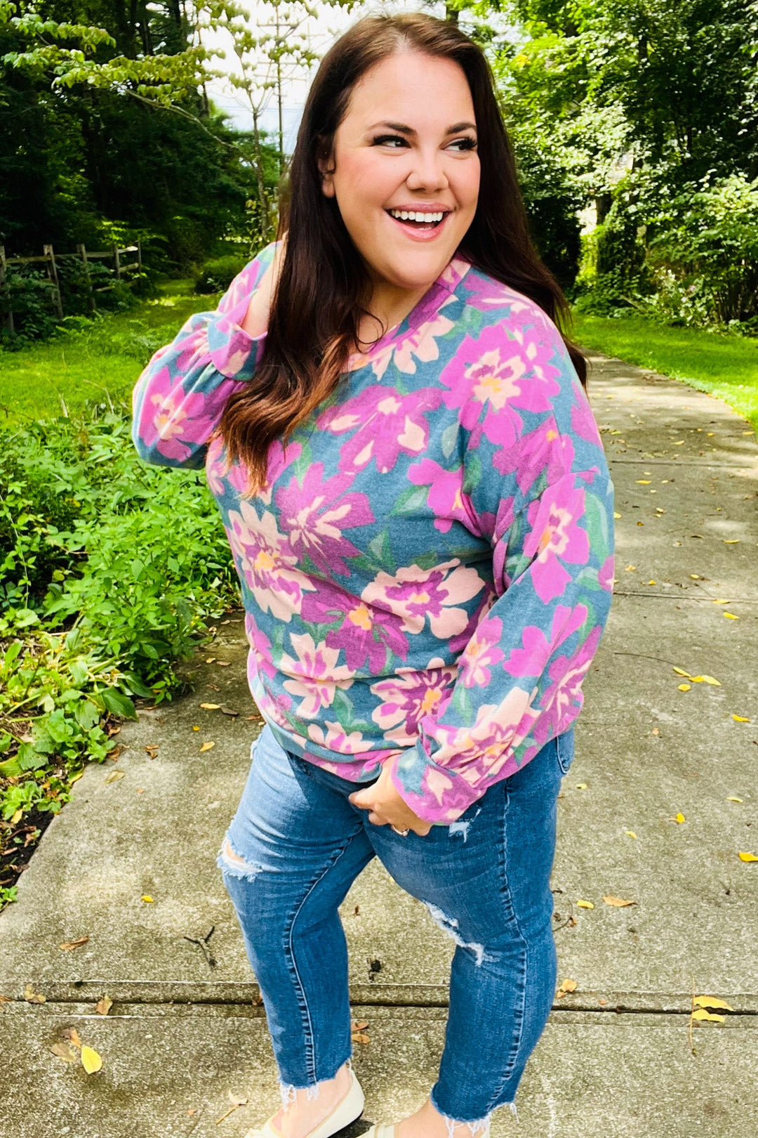 Feeling Femme Teal Floral Brushed Hacci Sweater Top | Nikki &amp; Co. Boutique
