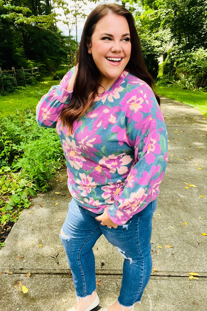 Feeling Femme Teal Floral Brushed Hacci Sweater Top | Nikki &amp; Co. Boutique