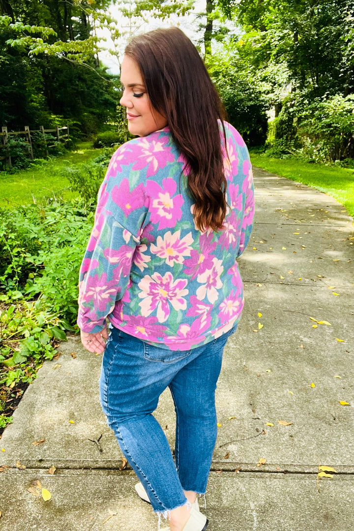 Feeling Femme Teal Floral Brushed Hacci Sweater Top | Nikki &amp; Co. Boutique