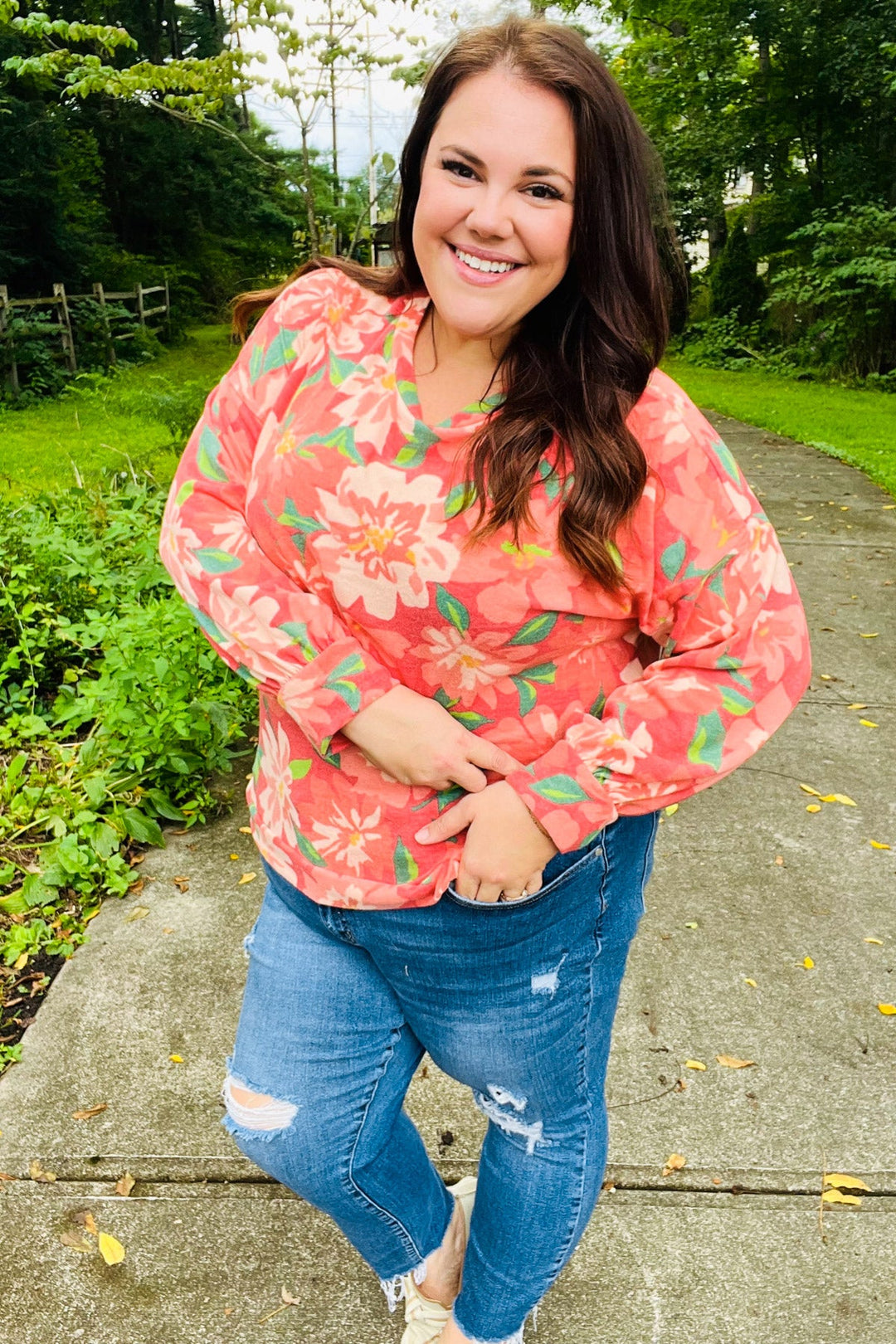 Feeling Femme Red Floral Brushed Hacci Sweater Top | Nikki &amp; Co. Boutique