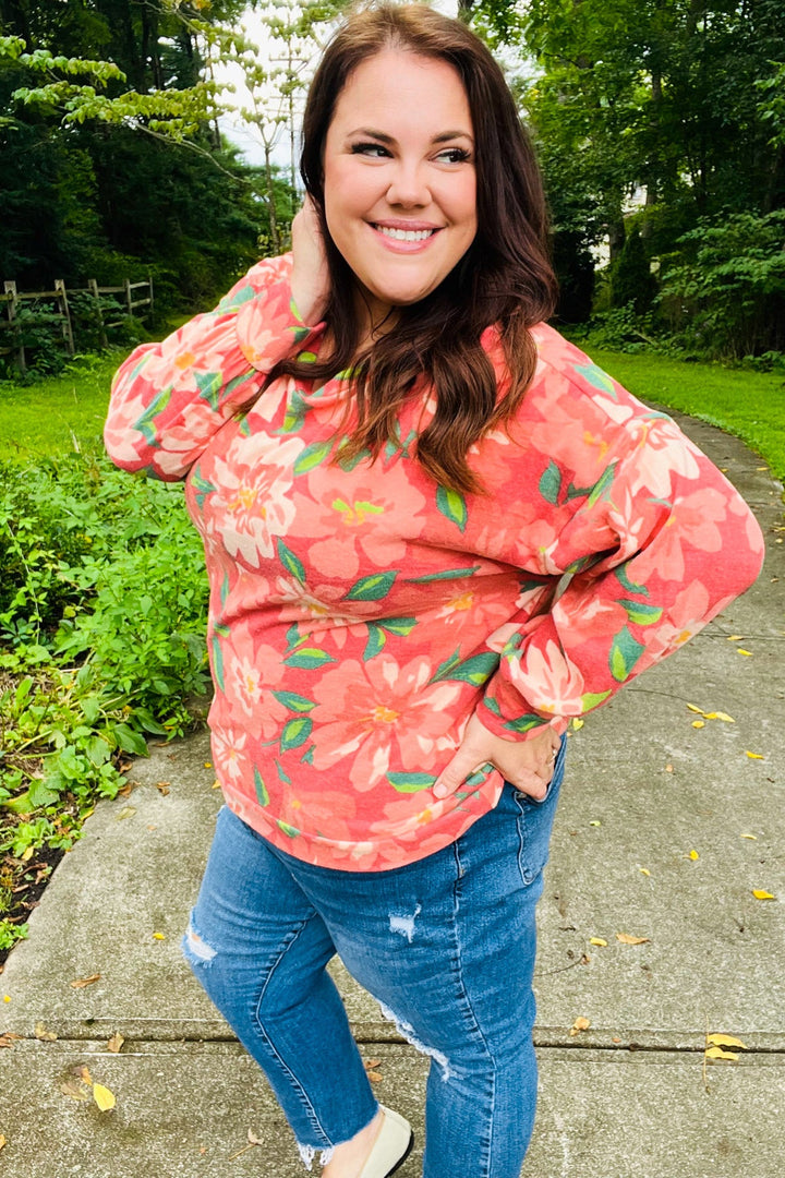 Feeling Femme Red Floral Brushed Hacci Sweater Top | Nikki &amp; Co. Boutique
