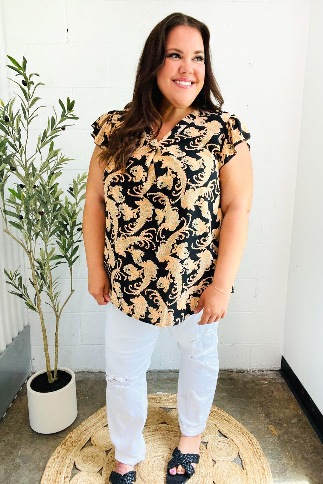 You Got This Black Paisley Print V Neck Flutter Sleeve Tops | Nikki &amp; Co. Boutique