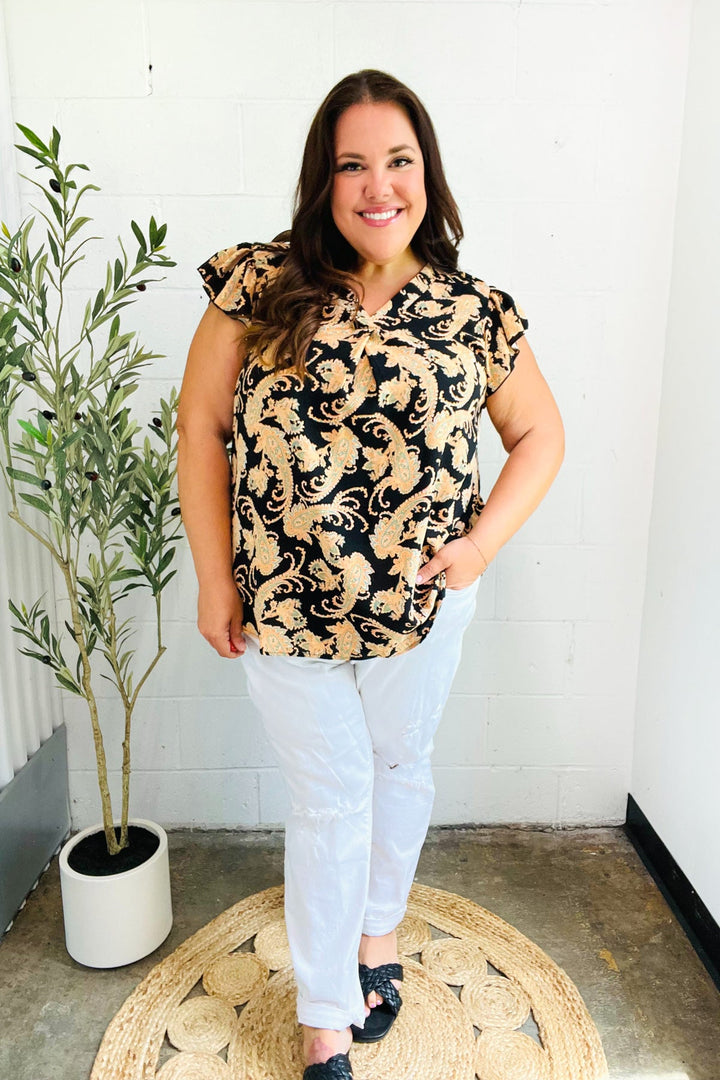 You Got This Black Paisley Print V Neck Flutter Sleeve Tops | Nikki &amp; Co. Boutique