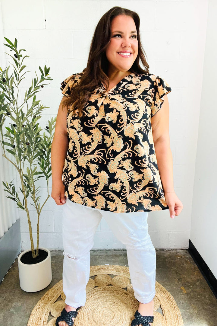 You Got This Black Paisley Print V Neck Flutter Sleeve Tops | Nikki &amp; Co. Boutique