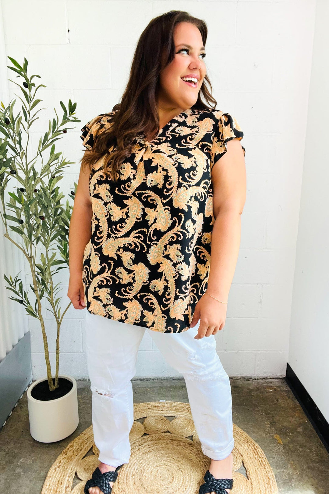 You Got This Black Paisley Print V Neck Flutter Sleeve Tops | Nikki &amp; Co. Boutique