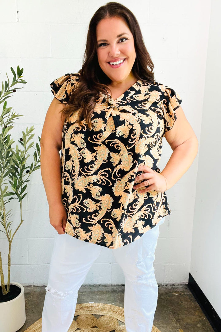 You Got This Black Paisley Print V Neck Flutter Sleeve Tops | Nikki &amp; Co. Boutique