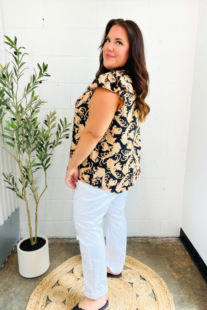 You Got This Black Paisley Print V Neck Flutter Sleeve Tops | Nikki &amp; Co. Boutique