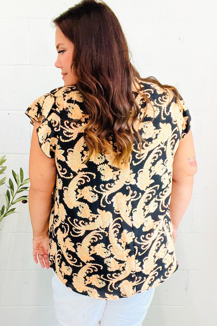 You Got This Black Paisley Print V Neck Flutter Sleeve Tops | Nikki &amp; Co. Boutique