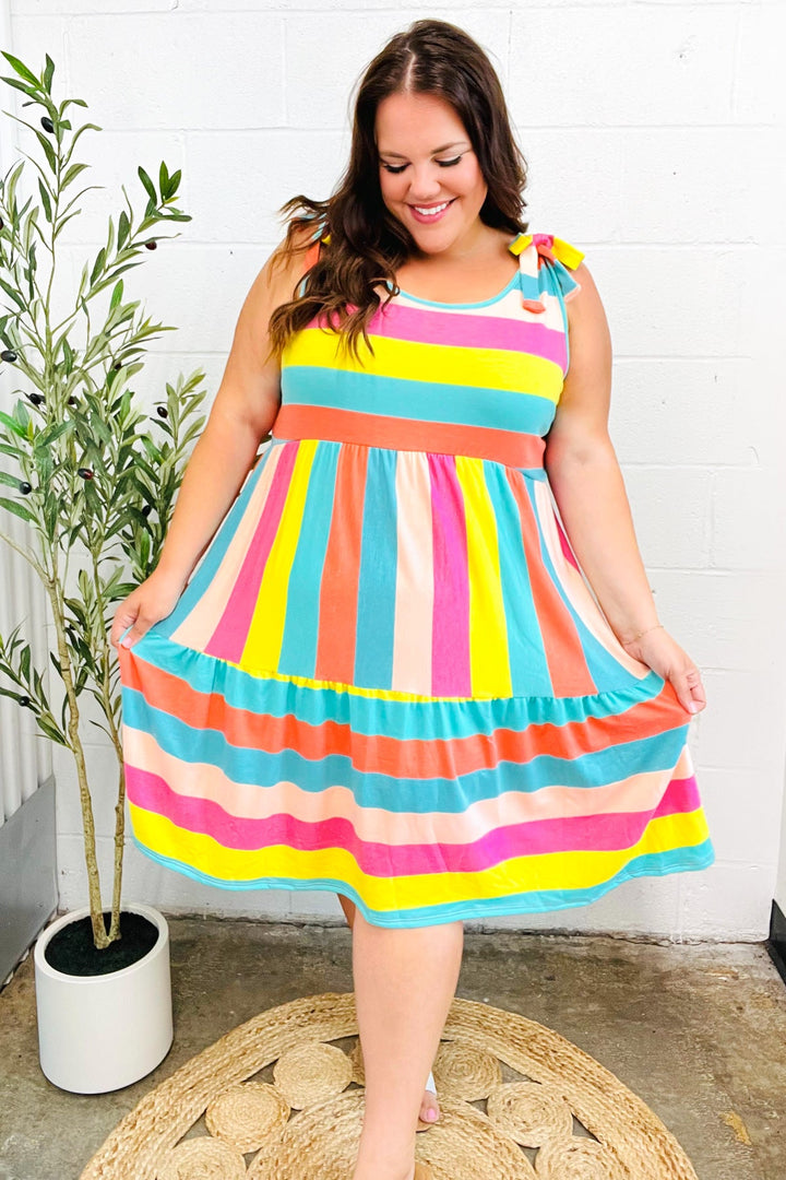 Start The Day Rainbow Stripe Shoulder Tie Tiered Dress | Nikki &amp; Co. Boutique