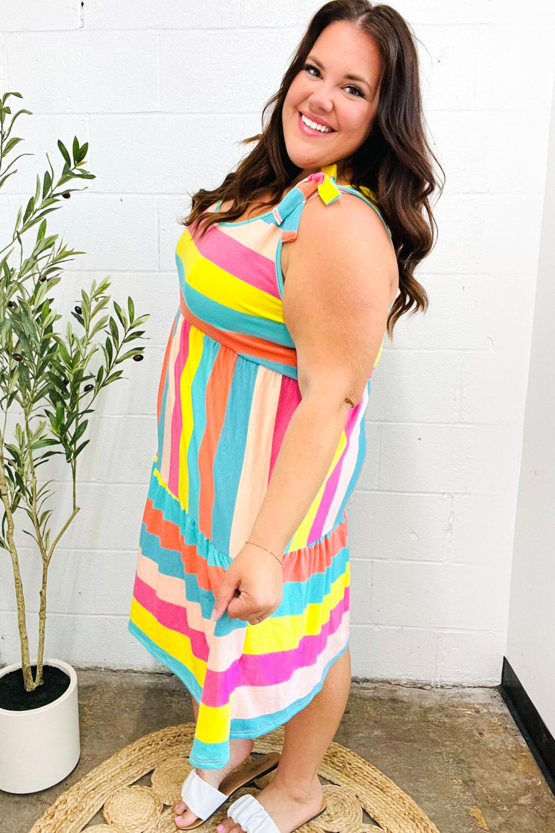 Start The Day Rainbow Stripe Shoulder Tie Tiered Dress | Nikki &amp; Co. Boutique