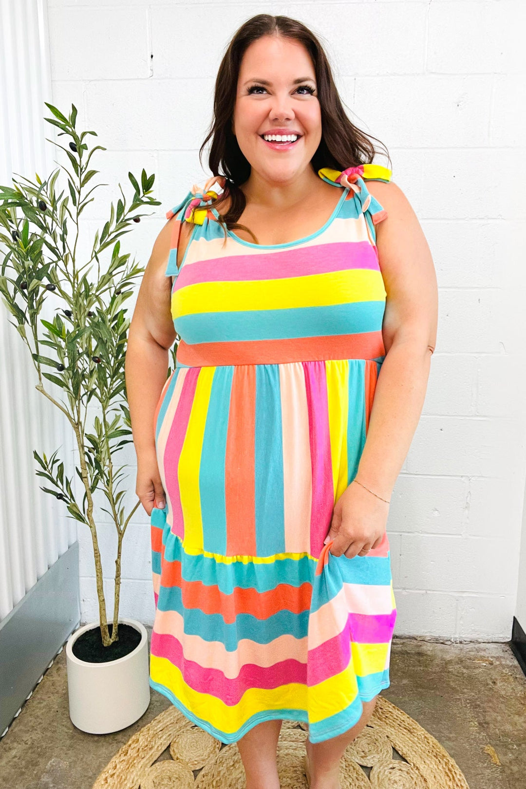 Start The Day Rainbow Stripe Shoulder Tie Tiered Dress | Nikki &amp; Co. Boutique