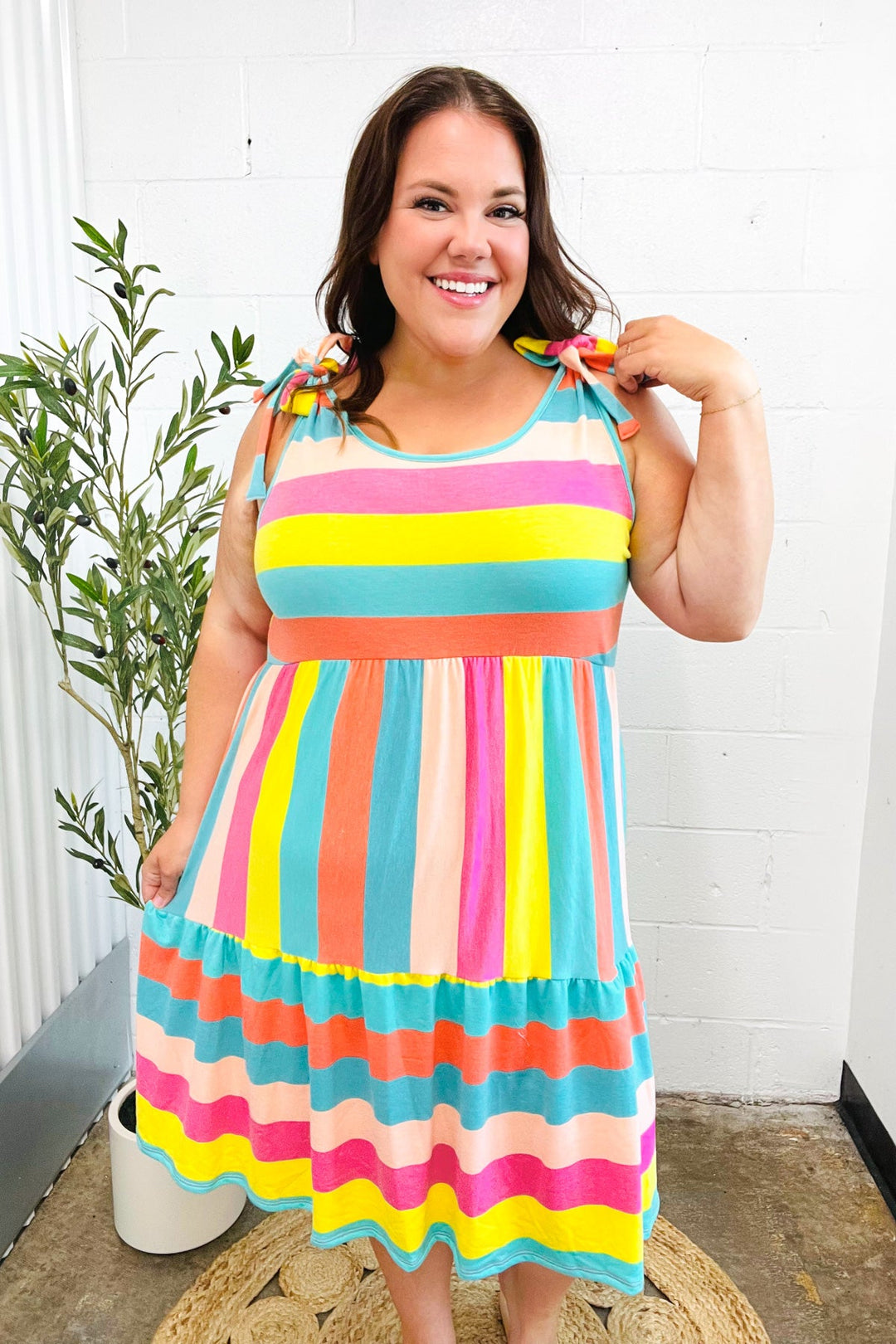Start The Day Rainbow Stripe Shoulder Tie Tiered Dress | Nikki &amp; Co. Boutique