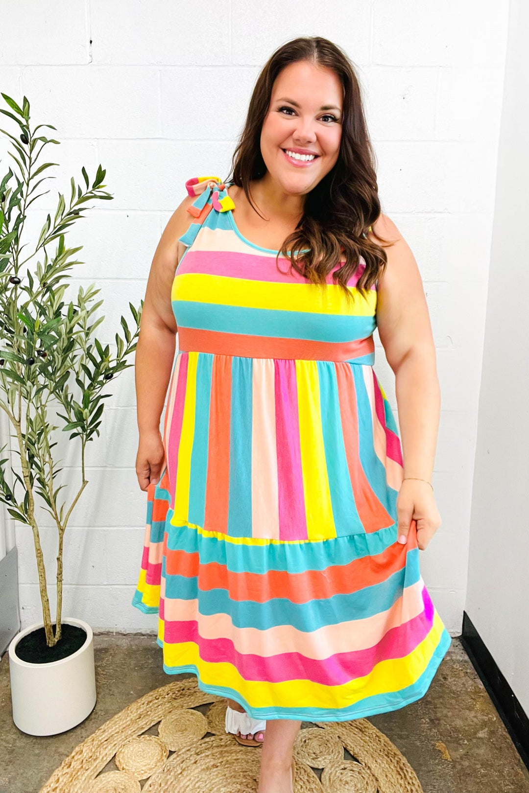 Start The Day Rainbow Stripe Shoulder Tie Tiered Dress | Nikki &amp; Co. Boutique