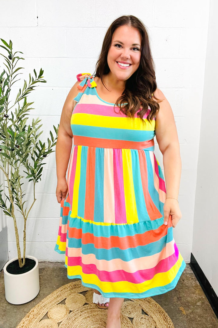Start The Day Rainbow Stripe Shoulder Tie Tiered Dress | Nikki &amp; Co. Boutique