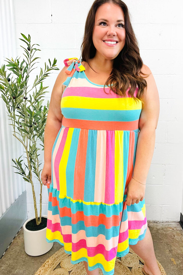 Start The Day Rainbow Stripe Shoulder Tie Tiered Dress | Nikki &amp; Co. Boutique